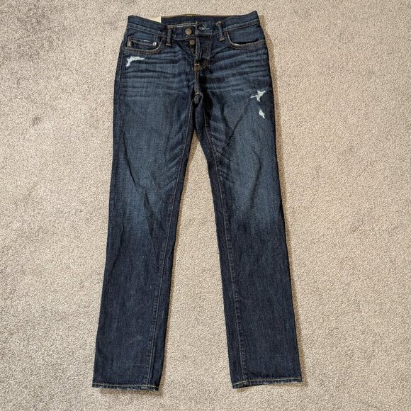 ABERCROMBIE FITCH Dark Blue Denim Whisker Distressed Button-Fly Jeans Size 30-34 - Picture 1 of 4